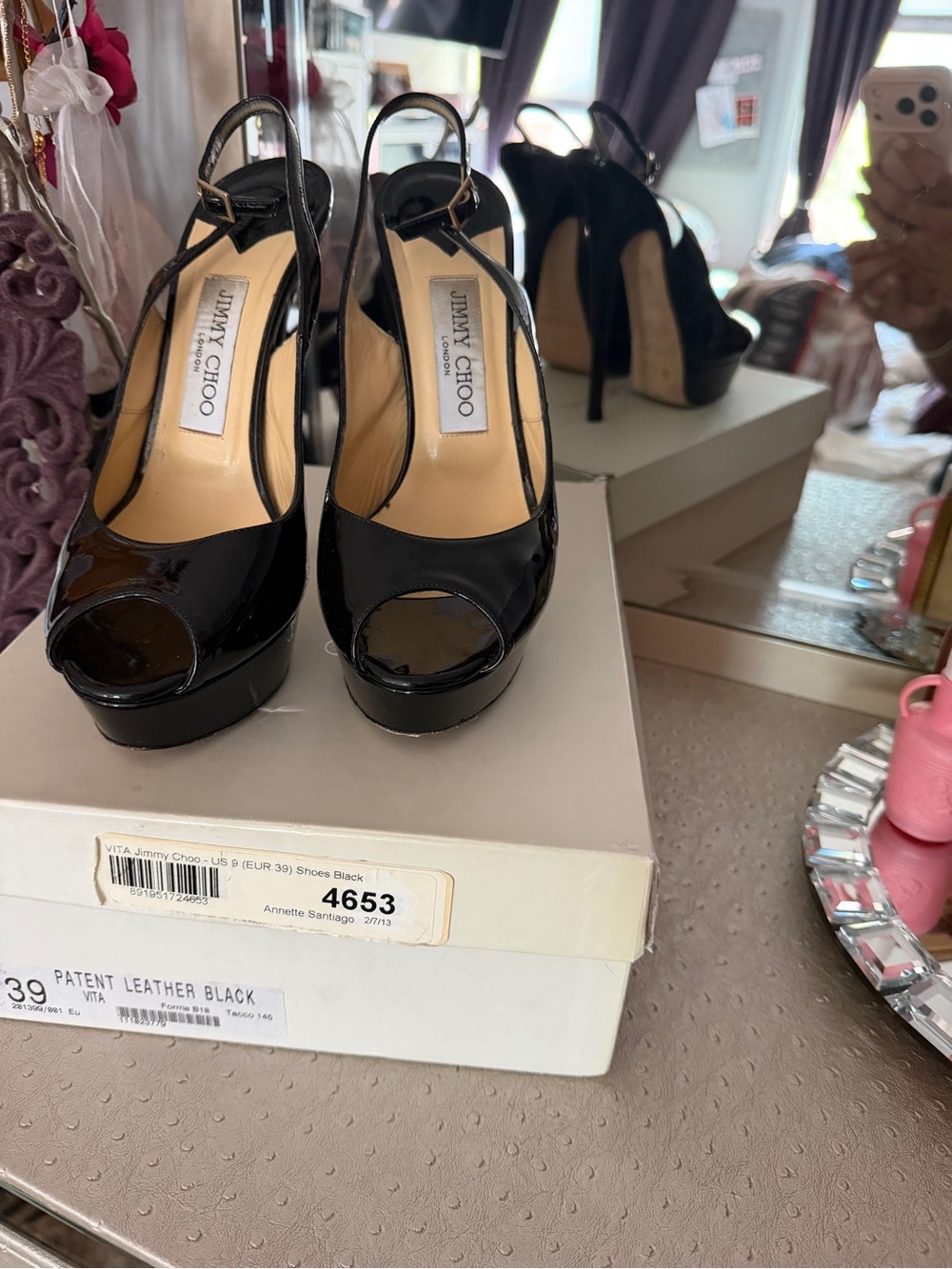 Jimmy Choo Black Patent Leather Peep-Toe Slingback Platforms